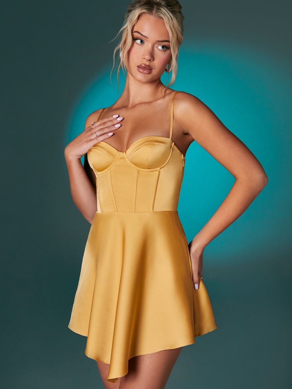 Oh Polly Gold Satin Corset Mini Dress NWT Bustier Fit Flare Tinsley US 4